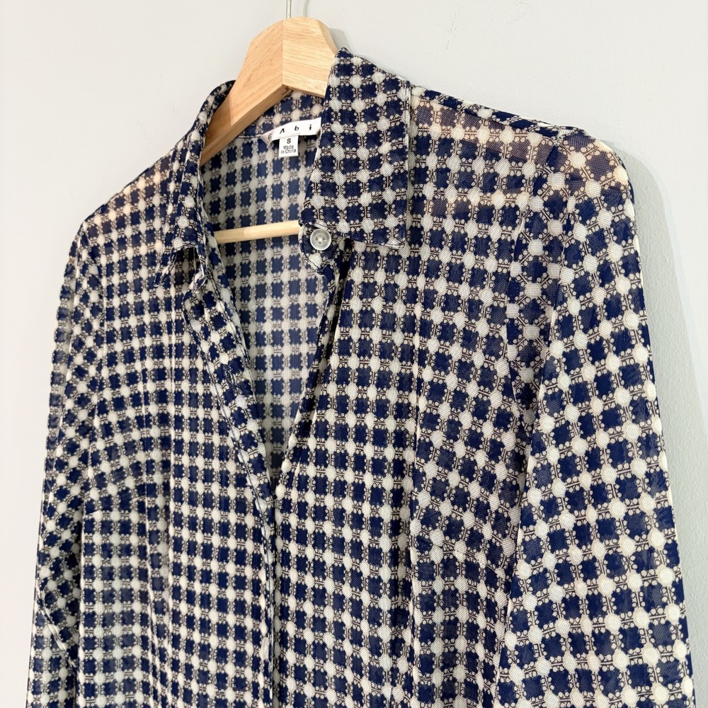 Cabi Blue White Mesh Top Check Print Sheer Long Sleeve Collar Size S - Picture 2 of 5